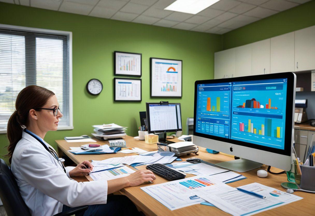 A dynamic scene featuring a medical billing professional at a desk filled with invoices, graphs, and a computer displaying a healthcare dashboard. In the background, a hospital with doctors and patients illustrates the healthcare environment. Include visual elements representing efficiency, like clocks and check marks. Bright lighting emphasizes clarity and organization. 3D. vibrant colors.