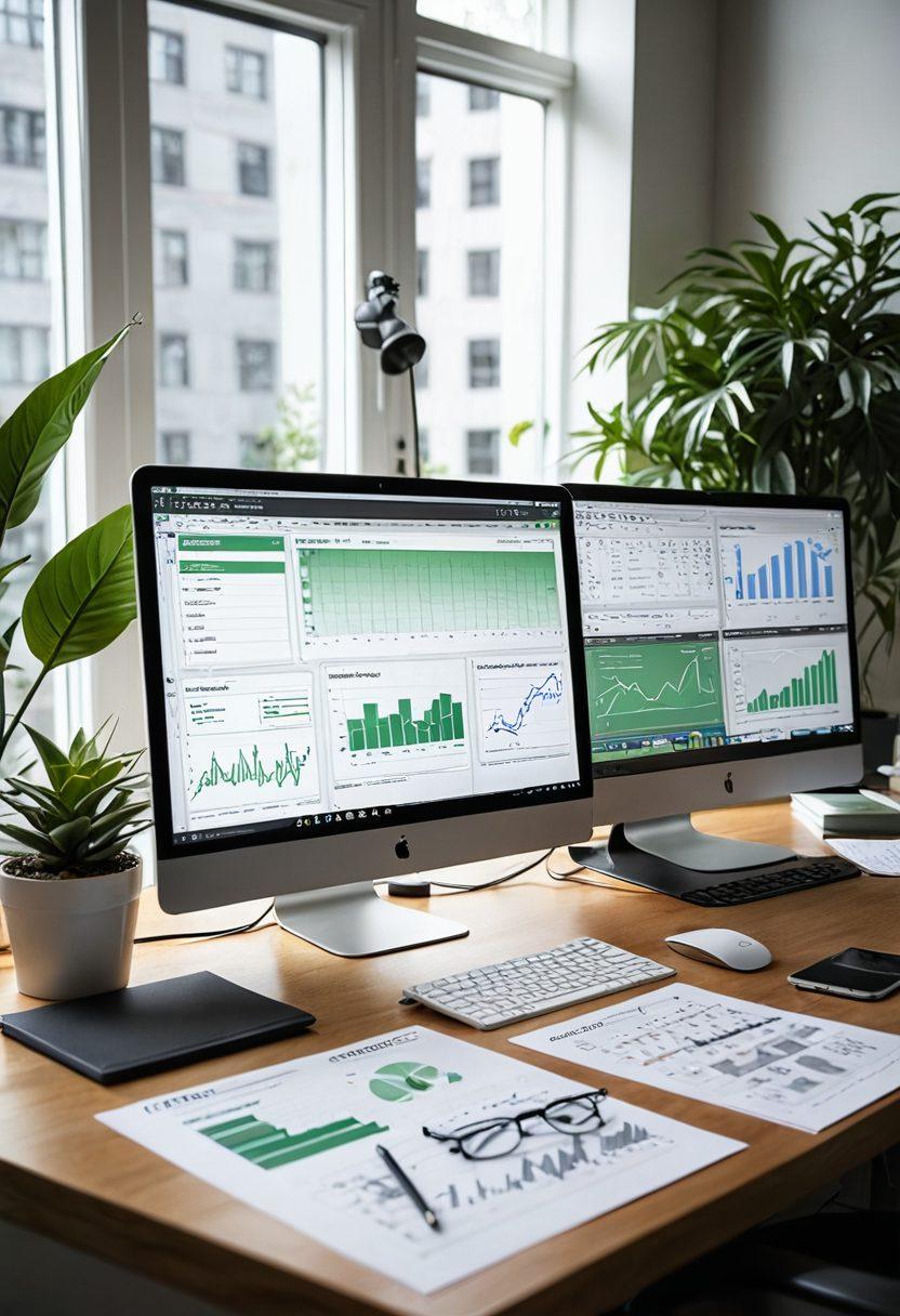 A dynamic and engaging workspace scene featuring a focused professional analyzing data on dual monitors, optimized for claim submissions, surrounded by documents, charts, and graphs showcasing revenue growth. Include a coffee cup, a notepad with strategy notes, and a plant for a touch of life. The atmosphere should convey productivity and insight. super-realistic. vibrant colors. white background.
