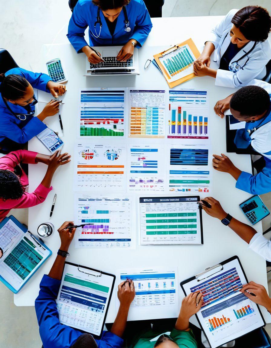 A dynamic scene showcasing a diverse group of healthcare professionals analyzing medical coding and insurance claims. Include details like colorful spreadsheets, a computer screen displaying coding charts, and medical symbols in the background. Surround them with icons representing finance, such as dollar signs and calculators, to emphasize the finance aspect. Bright, engaging colors to attract attention and convey a sense of collaboration. super-realistic. vibrant colors. white background.